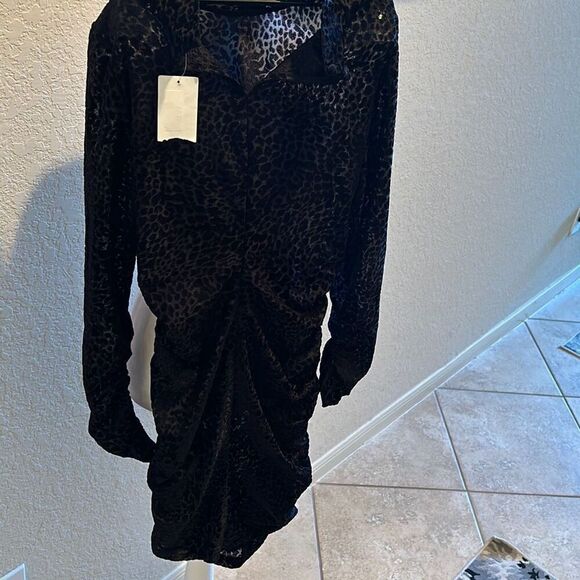 Likely XS/S Long Sleeve Ruched Bodycon Mini Dress Black Velvet Cheetah Burnout - Picture 9 of 12